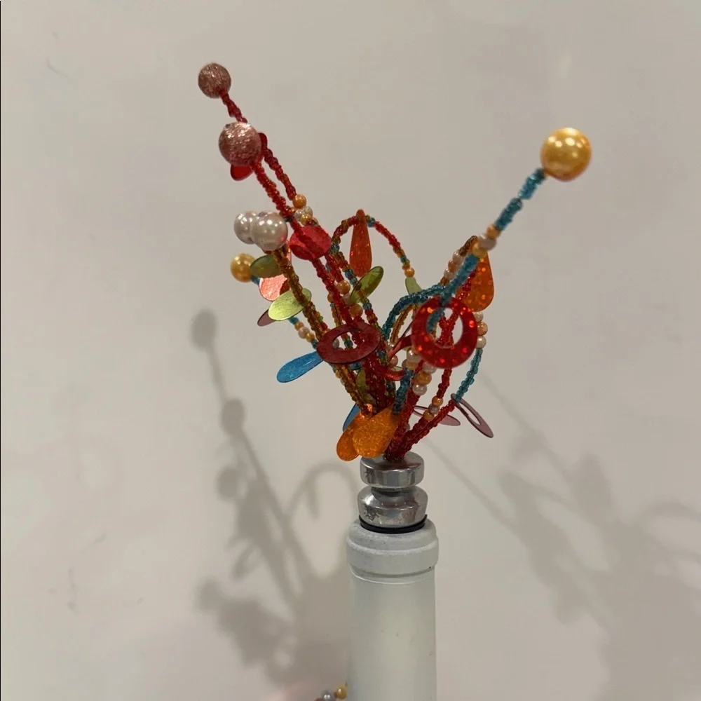 Decorative White Wine Bottle With Fireworks Beaded Stopper & Beads, Sequins Wrap